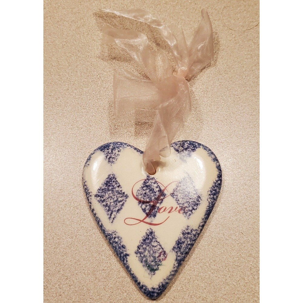 Vintage Russ Berrie & Co glazed ceramic ornament item # 13307 with words "Love"